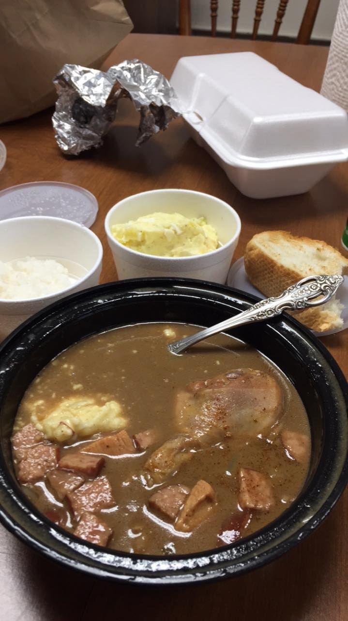 A to-go container of gumbo with sides from The Galley in Morgan City.