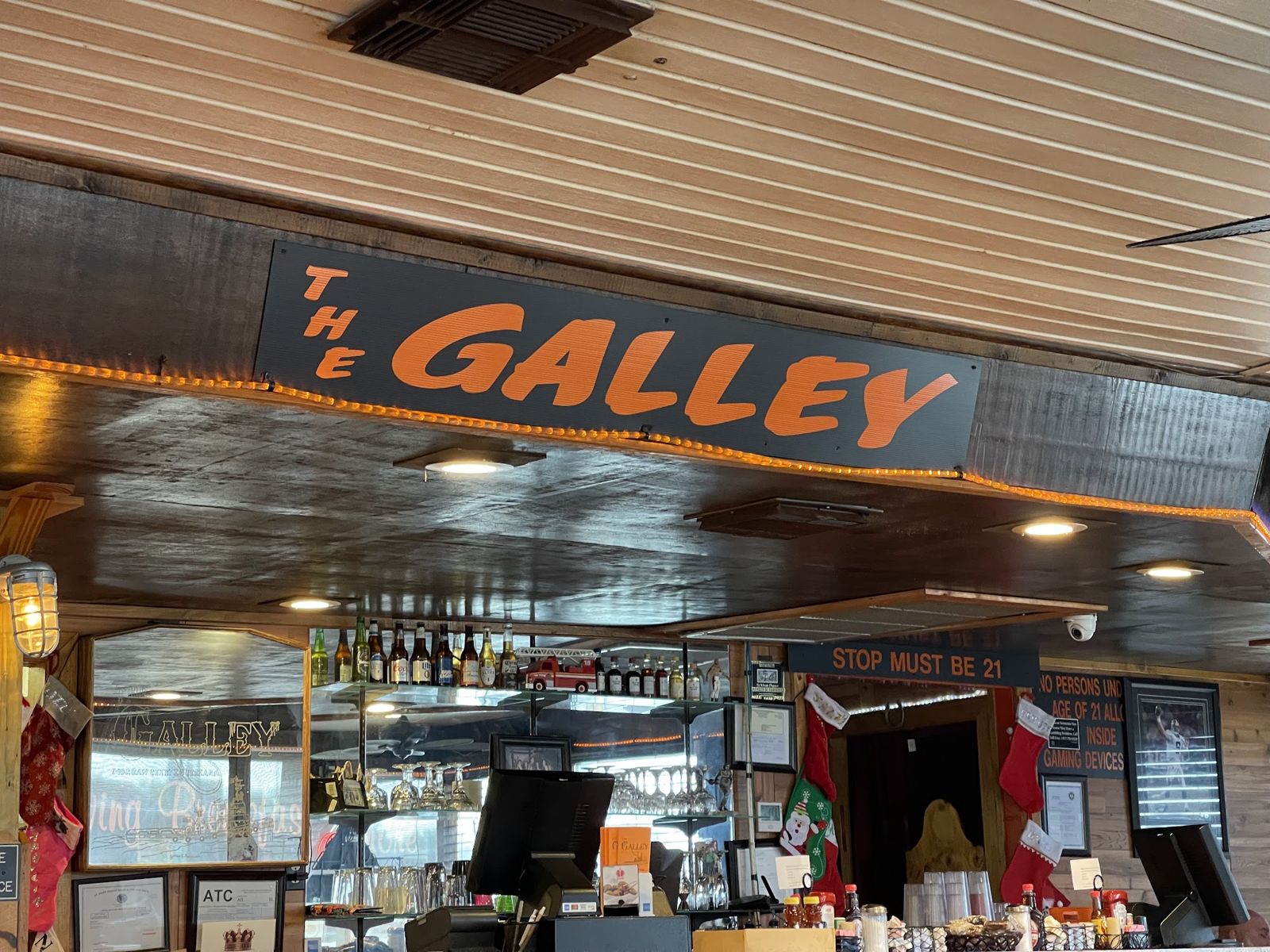 The dining room at The Galley in Morgan City, Louisiana, beneath the interior Galley sign.